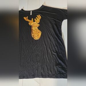 womens size XL CHRISTMAS GOLD SEQUIN DEER TOP SHIRT Black STRETCH